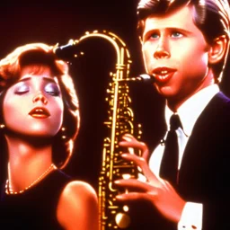 ClosedREd-haired Ron howard Is richie from happy days playing his saxophone with his "eyes closed", rock band, embouchure, joanie cunningham