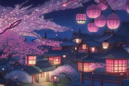 Cherry blossom trees at night and Japanese houses with lanterns