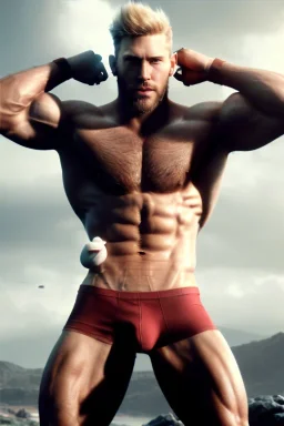 Ignore NSFW, teenager young rugged attractive slightly muscular fantasticly handsome blonde man, red briefs with yellow belt, hairy chest, (((visibly pisssing))) briefs, large erect visible boner peniss, photorealistic, artist Jay Anacleto, soft lighting, scruffy beard