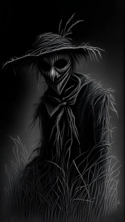 pencil drawing of a scarecrow. Spooky, scary, halloween, realistic, black paper