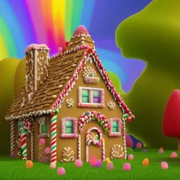 4d render of gingerbread house with gazebo, cotton candy trees, rainbow sprinkles, crushed rock candy as walls, gumdrops, frosting, 8k resolution, centered, high-quality, ultrafine-detail, digital art, flickering light, detailed matte, volumetric lighting, illustration, 3D octane render, brian froud, howard lyon, ben goossens, George Grie, greg rutowski, alphonse mucha