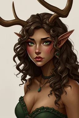 A female fantasy druid with antlers, olive toned skin, long brown curly hair, green eyes. Quirky face