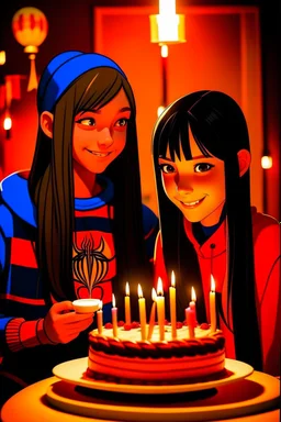 spiderman into the spider verse tarzı 17 yazan mum ile doğum günü kutlayan 2 kız birinin saçı kısa karakterlerin görüneceği kadar aydınlık soldaki kızın saçı daha kısa yüz ifadeleri değişsin çizgi roman tarzı gölgelendirme yüz ifadeleri değişsin sadece 2 kişi pasta ortalansın