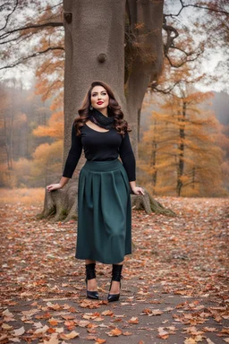 full body of very beautiful girl midi skirt and blouse , curvy hair with small cap and lace scarf ,standing idle happy pose in studio pretty makeup