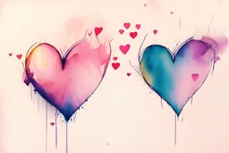 Abstract watercolour hearts with sketchy pencil outlines