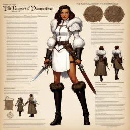 character concept sheet with AD&D statistics and characteristics, [illustration by Norman Rockwell for dungeons and dragons module B3] The mistress of 7th Heaven character class, wearing a white lace-up top, armored shoulders, hips hugged by fur-trimmed short tunic. Leather belts laden with pouches and a sheathed dagger and thigh-high boots with fur cuffs promised both dominance and submission.