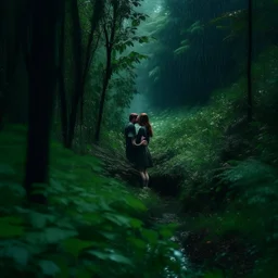 dark and quiet forest with abundant flora and rain , a man and a woman hugging