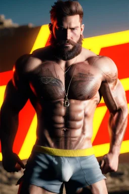 Ignore NSFW, teenager young rugged attractive slightly muscular fantastic handsome man, red briefs with yellow belt, hairy chest, (((visibly pisssing))) briefs, large erect visible boner peniss, photorealistic, artist Jay Anacleto, soft lighting, scruffy beard