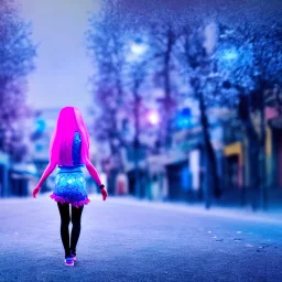 Beautiful lonely girl who walks along a street without people at dawn. You see her from behind. She is Blue very short dressed. She has pink hair with glowing crystals. Full body, 8k resolution concept art. Professional Photo HD. Stylish. Warm vivid colors. Panoramic