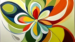 There is also an abstract shape that resembles a flower on the canvas.