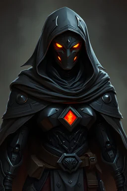 Female Warforged robotic cleric, with 4 slitted glowing eyes, cloak, wearing dark black armor, medieval style, dungeons and dragons