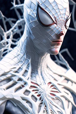 The epic 3D portrait of Spider-Man, dressed in white attire and adorned with gorgeous and surreal intricate details , wide-angle view , Half body composition , shinycinematic , artstation