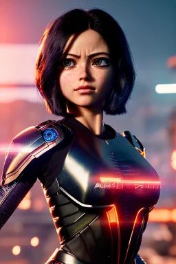 Alita battle angel, portrait from waist up, intricate eyeliner, vibrant eyeshadow, clear completion, soft lighting, 4k resolution, intricate details, insanely detailed, colorful cityscape background, masterpiece, expert, cinematic smooth, retroanime style, realistic details