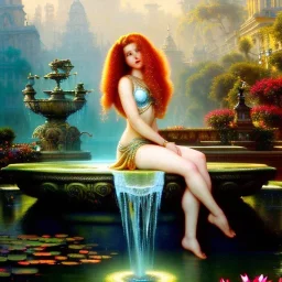 Hyperdetailed oil on canvas, young robyn lively sits by the ornate fountain, goldfish pond, lotus, detailed face, long red curly hair; by gaspar camps, maxfield parrish, alphonse mucha, cyril rolando, dan mumford; luminous colorful sparkles, glitter, airbrush, octane render, volumetric lighting, 16k