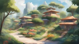 A medium quality digital painting of a peaceful, sustainable community where all individuals actively contribute to the caretaking and enhancement of both the natural landscape and man-made structures. Featuring lush greenery, harmonious architecture, and a sense of unity. Realistic, colorful, semi-abstract, community-based artwork, celebrating the beauty of local environments and the recognition of individuals' efforts in their preservation.