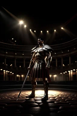 Digital art, high quality, digital masterpiece, natural illumination, spotlight, night illumination, realistic, film style, beautiful, (full body:3), (1 fierce gladiator holding his sword:3), (Roman Arena:1.8), (fierce eyes:1.6), tan skin, (Rose ptals falling:1.5), (Action film style:1.8),(Roman Crowd:2)