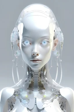 front view or a girl robot, minimal little crystals on the head, transparent, futuristic design, sculptural costume, pale palette colors, luminous and dreamlike scene, photorealistic, resin, barbiecore