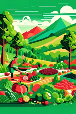 Generate an image that portrays the harmony between a nourishing diet and invigorating workouts. Visualize a dynamic scene where colorful, fresh produce spills out of baskets, intermingling with exercise equipment like yoga mats, dumbbells, or a skipping rope. Imagine a backdrop showcasing vibrant, bustling farmer's markets or serene, outdoor workout spaces with lush greenery.