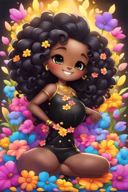 A sassy thick-lined airbrushed cartoon black chibi girl lounging lazily on her side, surrounded by colorful flower petals. She has a golden lion tail curling playfully behind her curvy body. Looking up coyly, she grins widely, showing teeth. Her poofy hair forms a mane framing her confident, regal expression.