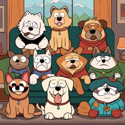 anthropomorphic dogs, South Park characters with dog faces sitting on couch, cute dog faces, cartoon art, by Tre Parker and Matt Stone, humorous, South Park Show aesthetic.