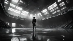 dark, wet, mysterious gigantic old futuristic sci-fi hangar, very high ceiling, girl levitating, photographic, black and white