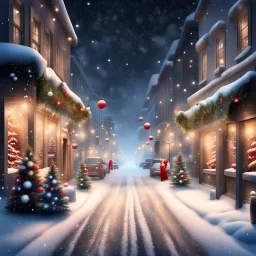 Hyper Realistic Christmas Celebrations In A Street at Snowfall Night