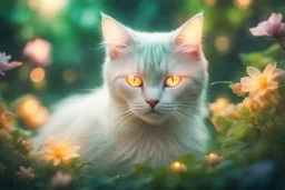 diaphanous colorful transparent light cat with glowing center on green leaves and flowers, ethereal, otherwordly, cinematic postprocessing, bokeh, dof