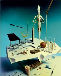 human body, universe-like table,complex surgical instruments mixed with human body-like musical instruments,minimalism,Painting By Adrian Ghenie, Rene Magritte, Salvador Dali, Lucian Freud