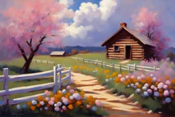 Clouds, cabin, spring trees, little pathway, fence, flowers, john singer sangent impressionisn painting