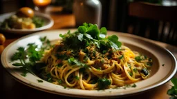 Plate of pasta, with fresh herbs and spices, sitting on a restaurant table