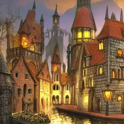 A magical gothic canal city of wizards, witches and warlocks with a castle Nick Harris style