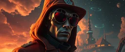 portrait of inter-galatic handsome power broker spy, the first nation, witchcraft, cyberpunk village, sci-fi, strange chrome vessels, volume light from stars through clouds