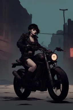 vampire girl showing fangs with short cropped cyberpunk hair riding a black cafe racer motorcycle in a post apocalyptic wasteland at dusk