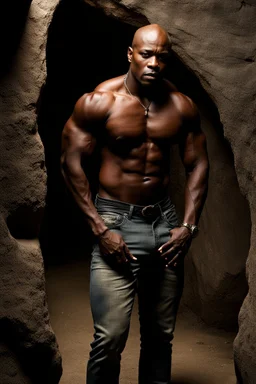 Alimi Ballard as very muscular male. bald with tribal tattoos wearing jeans and a teeshirt outside a cave