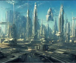 A Spaceship is taking off in the foreground, Space Center on a heavy industrialized planet with a futuristic city in the background, (retrofuturistic:2), art by John Berkey, buildings with glass facades, brutalist architecture, insanely detailed, vibrant, 8k uhd, cinematic atmosphere, ultra-wide angle, street level view, brush strokes, blue sky with clouds, dramatic sunset, sharp focus