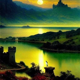 Drawing of 'Medieval Romanian Castle',mountain,lake,full moon, by gaston bussiere, greg rutkowski, yoji shinkawa, yoshitaka amano, tsutomu nihei, donato giancola, tim hildebrandt, oil on canvas, cinematic composition, extreme detail,fit full head inside picture,16k