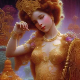 Hyperdetailed oil on canvas, young robyn lively by an ornate fountain, goldfish pond, lotus, detailed face, long muti-hued red curly hair; by gaspar camps, maxfield parrish, alphonse mucha, cyril rolando, dan mumford; luminous colorful sparkles, glitter, airbrush, octane render, volumetric lighting, 16k