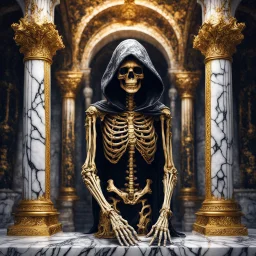 hooded skeleton made of marble and gold, covered in black fluid ink, greek pillars, professional Photography, Fantasy Background, Intricate Patterns, Ultra Detailed, Luminous, Radiance, beautiful, high contrast, vibrant colors, Ultra Realism, Complex Details, Intricate Details, 16k, HDR, High Quality, Trending On Artstation, Sharp Focus, Studio Photo,