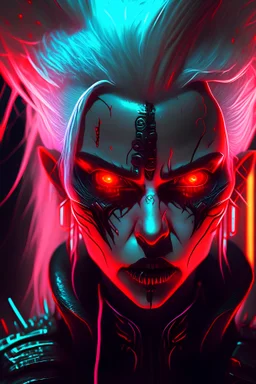 cyberpunk, glowing implants, angel, two pupils, four eyes, glowing red eyes, black metal skull, elf ears, black mantle, vampire fangs, white hair, emotion of rage, hard-edge style, neon lights,highly detailed, high details, detailed portrait, masterpiece,ultra detailed, ultra quality