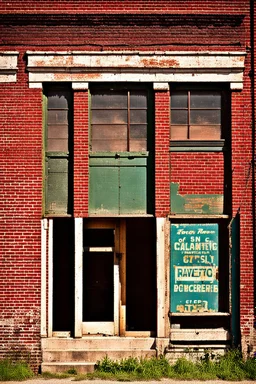 side of an old brick building, with windows, a doorway at the bottom, and worn out painted sign across the top