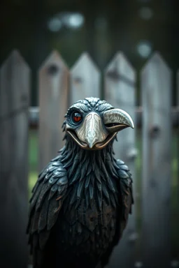 smilende zombie crow av tre foran et kastanjegjerde in the style of giger and fallout 4 ,,bokeh like f/0.8, tilt-shift lens 8k, high detail, smooth render, down-light, unreal engine