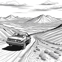 a view from above of a tight mountain road, other high mountain peaks in the distance. a "1989 ford fiesta" driving on a dirt road, drifting at high speed and kicking dust. Car is driving away from the viewer. alpine high mountains. feeling of velocity. clean line art, coloring book page, white background, 2d