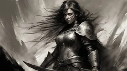 A stern girl warrior, Against the background of the great battle, horror and fear, black pencil, oil, Raymond Swanland