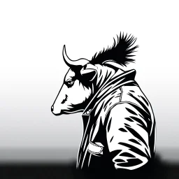 side silhouette of a cow with a mowhawk wearing a leather jacket, black and white vector