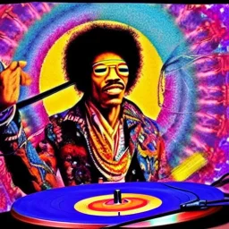 a realistic picture of Jimi Hendrix at a turntable with headphones on being a DJ, vivid color, with sunglasses, psychedelic trippy art