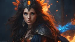 18 year old female sorcerer. beautiful eyes. black smoke. blue and orange fire. Armageddon. ragnarok. exquisite realism, a masterpiece, fantasy concept art, dynamic lighting, hyperdetailed, intricately detailed, deep color, Unreal Engine, volumetric lighting , Epic cinematic brilliant stunning intricate meticulously detailed dramatic atmospheric maximal, CAMERA: Nikon Z7 | FOCAL LENGTH: 105mm | SHOT TYPE: Close-up | COMPOSITION: Centered | LIGHTING: Soft, directional