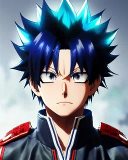 Detailed anime portrait of shoto from my hero academia, red and white hair split down the middle, blue suit, intricate details, full body portrait, keep head in frame, slight smile, black Japanese motif, concept art, highly detailed, digital painting, concept art, sharp focus, illustration, art by Yoji Shinkawa, WLOP and greg rutkowski and alphonse mucha and artgerm and yanjun Chen and Junji ito and Makoto Shinkai, HDR, octane render