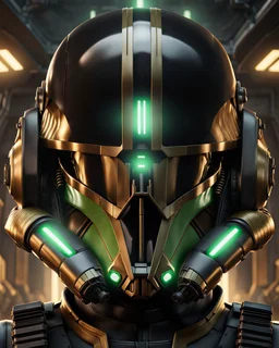 star wars bald male corellian pilot wearing black and bright gasoline green First Order special forces TIE pilot commando armored flightsuit and helmet with gold trim inside the jedi temple, centered head and shoulders portrait, hyperdetailed, dynamic lighting, hyperdetailed background, 8k resolution, volumetric lighting, light skin, fully symmetric details