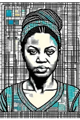 a mixed media portrait of a female african american computer programmer, digital art, screen print, wheat paste poster