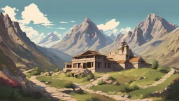 Vector Mountain. .شیخ. مکتب نقشبندی. Iran. ایران. کردستان. Naqshbandi. Monastery. Kurdistan. Stone house school. Students of jurisprudences. Old home school. Iran. 2D animated. 1900 AD. Digital painting, inside. Minimal.